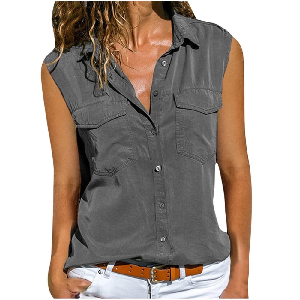 Theory Silk and Cupro Grey Sleeveless Button-up